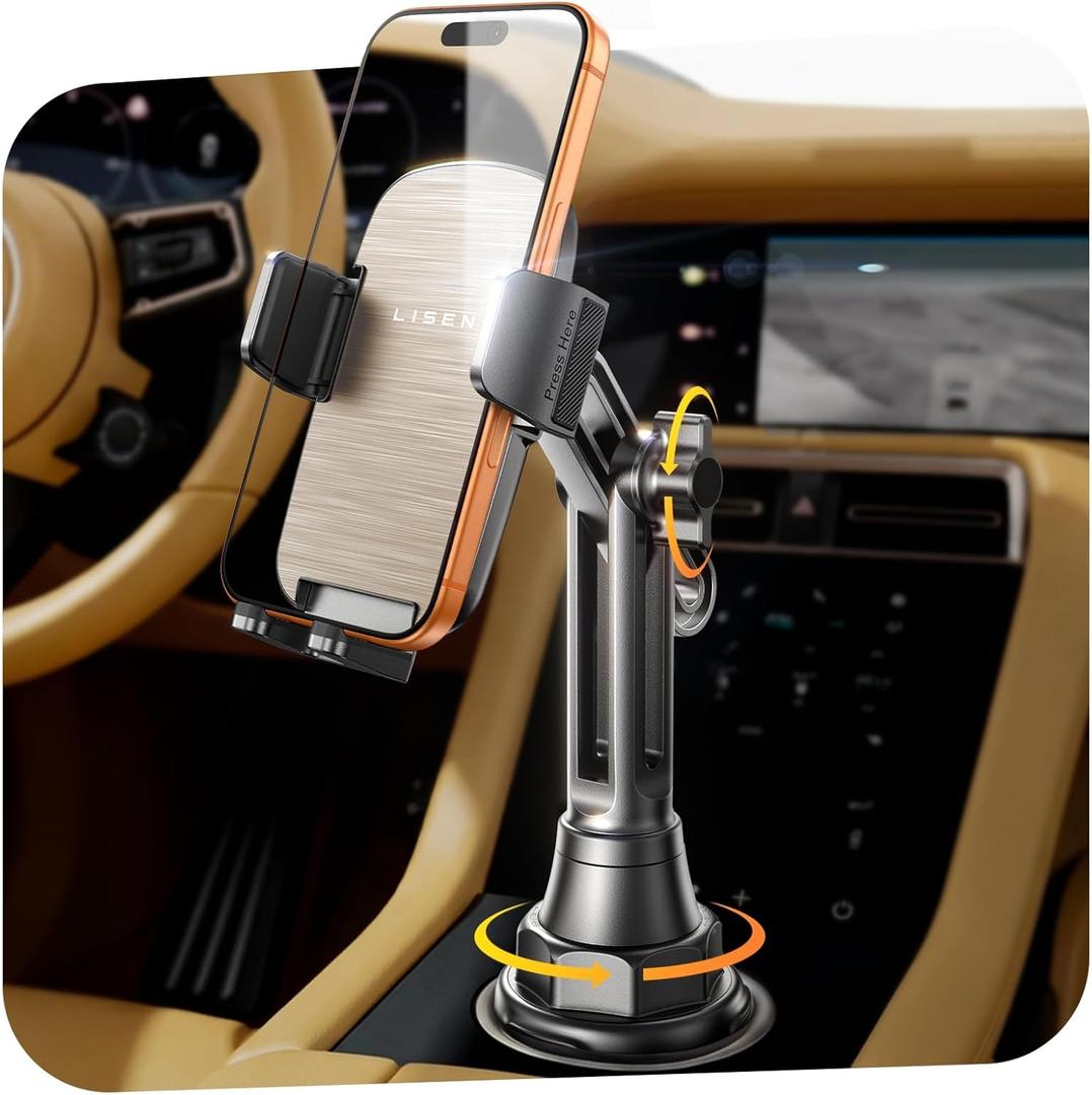 LISEN Cup Phone Holder for Car [Upgraded Version] Long Neck 360 Adjustable [Thick Cases Friendly] for iPhone 16e 16 15 14 13 Pro Max Samsung S25 All 4-7'' Phone, Gold Kits