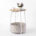 Round Side Table with Charging Station & USB Ports, Modern End Table Nightstand with Fabric Storage Basket, Matte White & Camel Brown Accent Table for Living Room, Bedroom (Burlywood), Small, Round tabletop measures 17.5 