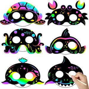 WATINC 30pcs Ocean Animals Scratch Masks for Kids, 6 Styles Summer Paper Scratch off Art Magic Craft Party Favors Kit, DIY Under The Sea Project for School Classroom Activity Birthday Party
