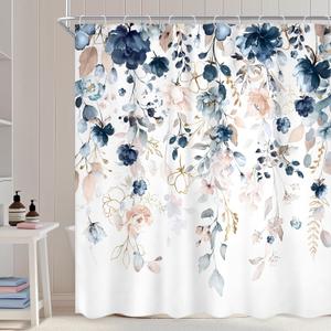 Blue Floral Flower Shower Curtain, Cute Navy Flower Shower Curtain, Pastel Watercolor Plant Eucalyptus Leaf Girly Botanical Rustic Country 72Wx72L Inch Bath Bathtub Set Accessories Home Decor