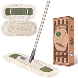 Eyliden Dust Mop with Reusable Washable Pads - One Touch Replacement, Height Adjustable Handle, Total 2 Mop Cloths, Wet Dry Mops for Floor Cleaning, Hardwood, Laminate, Tile Floor Push Dust Broom (Army Green)