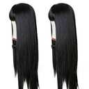 Long Straight Remy Hair Wigs Natural Black Heat Resistant Fiber Hair Full Machine Wig with Bangs Cosplay Party Wig For Fashion Women (24 Inch)