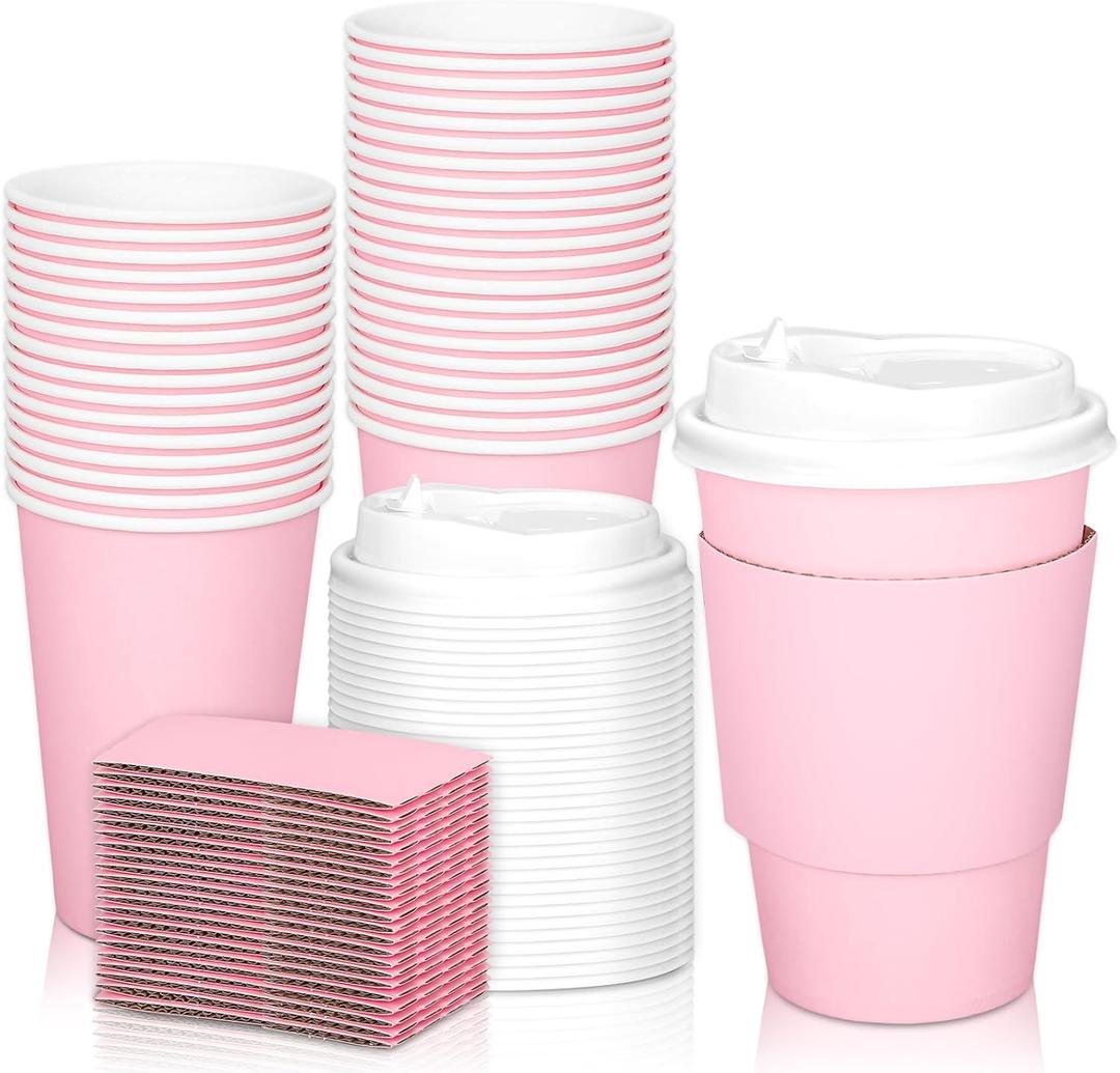 JarThenaAMCS 50Set Pink Disposable Coffee Cups with Lids and Sleeves 12oz Light Pink Paper Drinking Cups for Home Restaurant Wedding Birthday Baby Shower Bachelorette Party Supplies