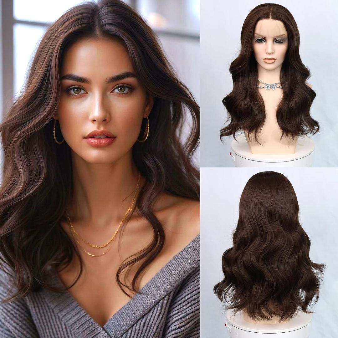 20inch Synthetic Lace Front Wig 13X4 Lace Pre-Plucked Wavy Dark Brown Wig for Women 180% Density Natural Hairline Glueless Heat Resistant Wig for Daily Wear and Styling