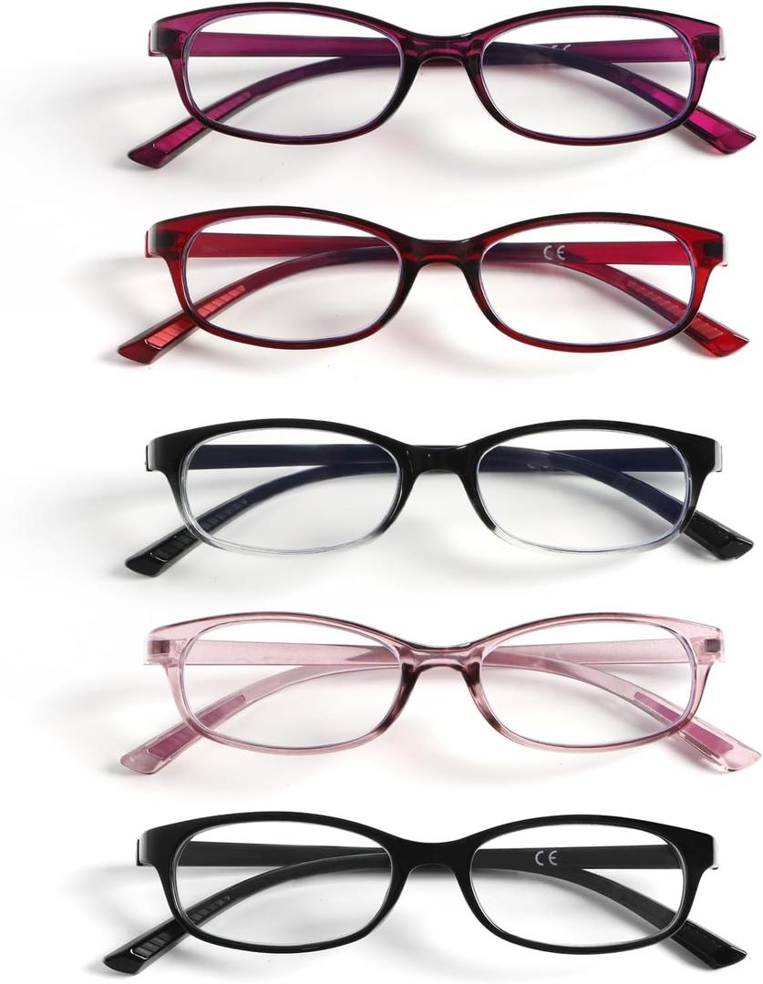 5 Pack Rectangular Reading Glasses for Women, Lightweight Full Frame Readers
