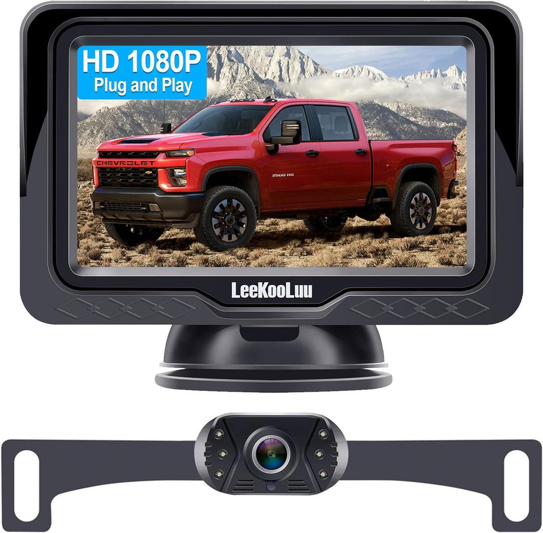 Backup Camera Easy Setup Plug-Play: HD 1080P No-Delay Waterproof - Clear Night Vision Rear View Camera with Monitor for Car Truck SUV - LK3 (Black-One Pack)