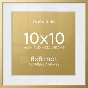 Homeforia Square 10x10 Gold Frame, High End Metal 10 by 10 Picture Frames with Mat 8 x 8, 10by10 Thin Poster Frame Matted to 8x8 inch Photo, Wall or Tabletop Frames, Tempered Glass, Wall Kit, Set of 1