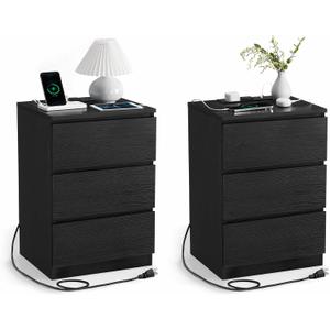VASAGLE Nightstands with Charging Station, Set of 2, AC Outlets and USB Ports, Bedside Tables, Side Tables with 3 Drawers, Modern Style, 13.8 x 15.7 x 23.2 Inches, Ebony Black ULET731B58
