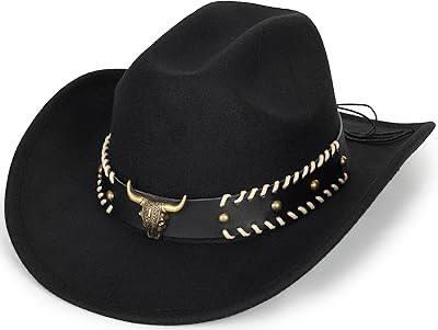 Bling Rhinestone Western Cowgirl Hat for Women Men, Rolled Up Sparkly Star Felt Fedora, Retro Turquoise Cowboy Hat M (Black-1 Row Bling 6 Stars)