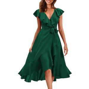 RETTYGARDEN Women's 2026 Spring Cross Midi Dress Casual Boho Deep V Neck Short Sleeve Ruffle Hem Split Beach Long Dresses (X-Large, Dark Green)