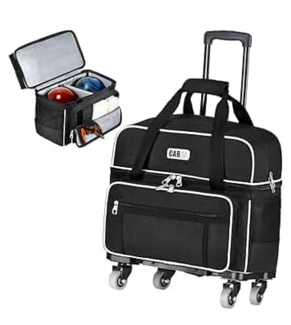 CAB55 2 Ball Bowling Bag with 4 Wheels, Double Bowling Ball Bag with Separate Shoe Compartment, (Up To US Men Size 16), and Multiple Multifunctional Accessory Pockets (Black)