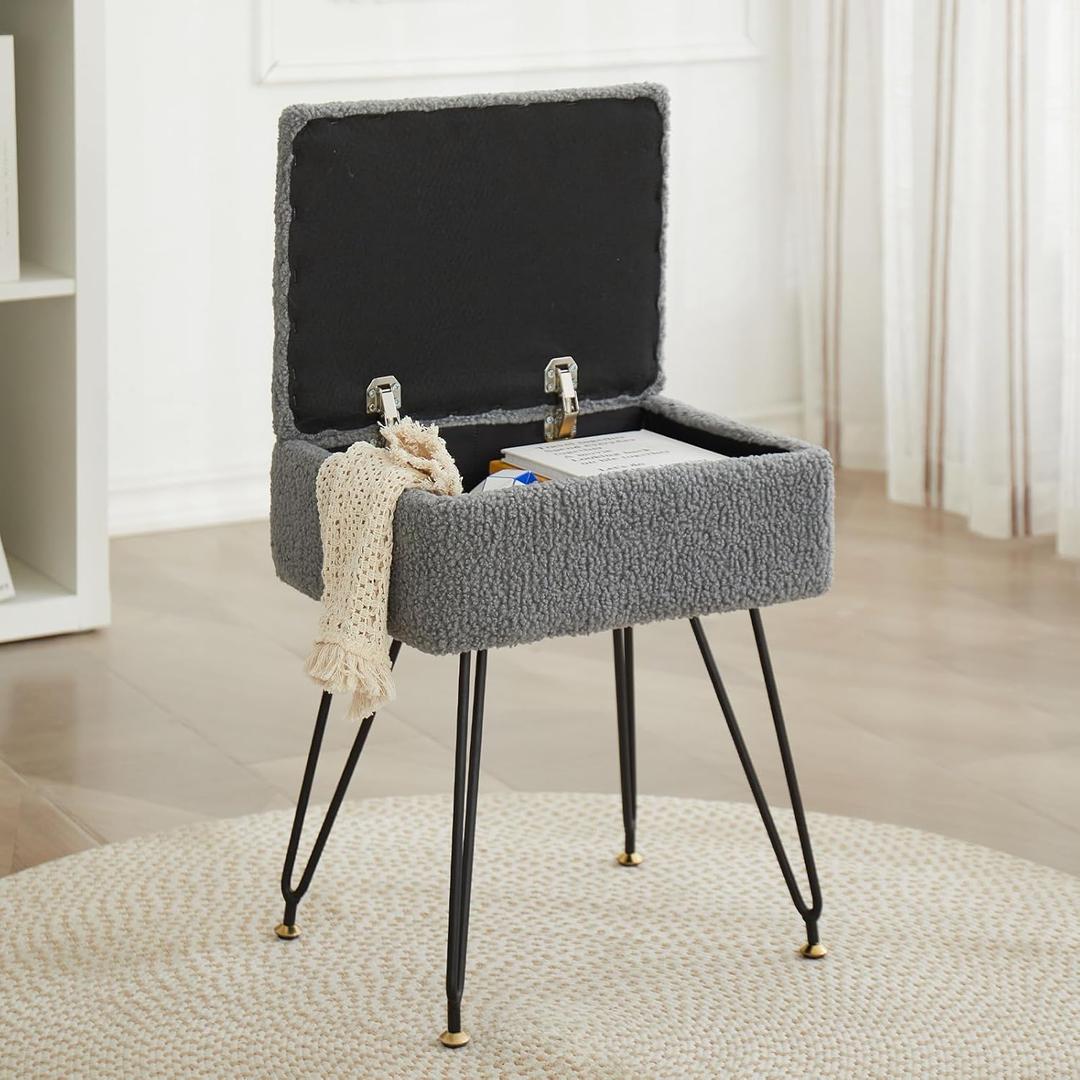Vanity Stool Chair, Faux Teddy Fur Ottoman Foot Stool with Metal Legs & Adjustable Black Feet, Flip Top Storage Makeup Stool with Soft Padded Seat, Foot Rest for Makeup Room Bedroom, Gray (Grey)