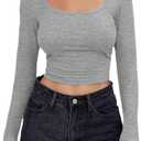 MEROKEETY Women's Sexy Long Sleeve Low Cut Fitted Basic Shirts Solid Color Fall Crop Top T-Shirt, Grey, S