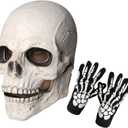 Skull Mask Moving Jaw Halloween Creepy Skeleton Latex Mask Full Head For Adults Party Costumes (White)