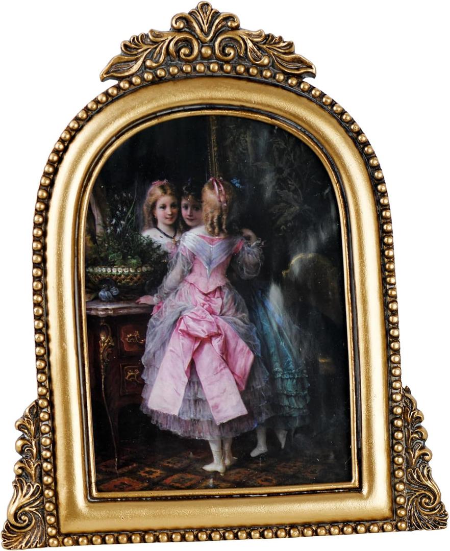 4x6 Ornate Arched Picture Frames,Vintage Gold Hand-Crafted Resin Photo Frame with Easel for Tabletop & Wall