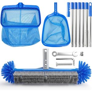 Pool Cleaning Kit with Telescopic Pole, Pool Net with Pole & Dual Skimmers Premium Pool Accessories for Inground Pools, Blue