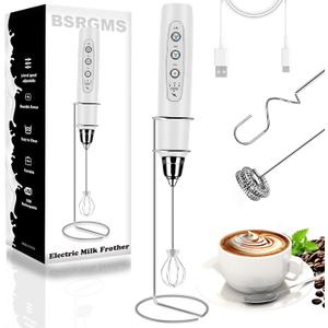 BSRGMS Milk Frother Handheld with Stand, Electric Whisk 3 Speed Adjustable, Drink Mixer with Stainless 3 Whisk, Rechargeable Hand Frother Wand, Foam Maker for Latte Cappuccino Hot Chocolate Egg White