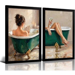 LDXCJXOR Woman in Bathtub Bathroom Wall Art, 2-Pcs Black Framed Canvas Painting, Relaxing Green Tub Wall Decor for Bathroom Powder Room, 12x16 Inch Ready to Hang