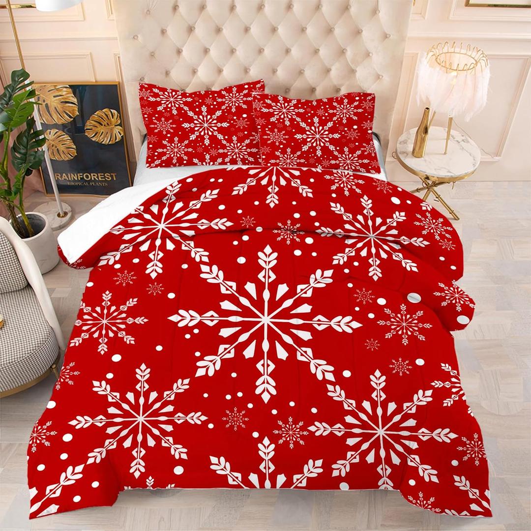 Christmas Comforter Set Queen: Christmas Snowflakes Red Bedding Sets for Teen Girls Women Bedroom Xmas Festival Quilt Winter Snow Duvet Bed Set 1 Comforter & 2 Pillowcases