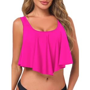 Women's Bikini Top Tankini Tops Push Up Bathing Suit Top Flounce Swimsuit Tops Swim Bra for Large Bust (Hot Pink, L)