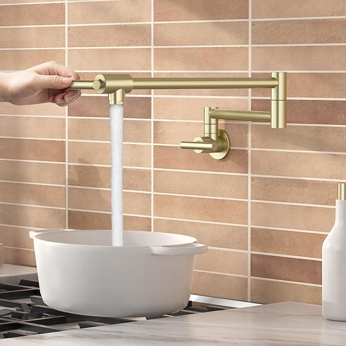 KES Gold Pot Filler with HeatResistant Cartridge, 26" Brushed Gold Pot Filler Faucet Over Stove, Wall Mount Kitchen Faucet Double Joints, Stainless Steel, NSF Certified, KN927LFF18BZ
