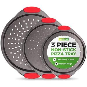 NutriChef 3-Piece Pizza Tray Set with Silicone Handles - Round Nonstick Pizza Pan with Perforated Holes, Durable Carbon Steel, Small, Medium, Large Sizes - Ideal for Crispy, Evenly Baked Pizzas (Gray)