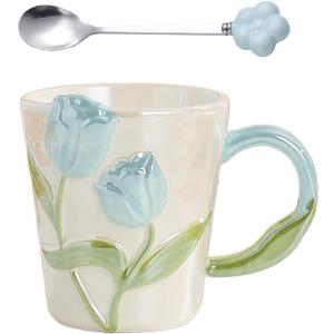 DTIUYIOP] Floral Ceramic Coffee Mug 12 Oz, Cute Flower Tea Cup with Handle for Women, Girly Mug Gift for Christmas Birthday, Home Office Drinkwareblue