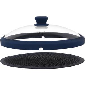 Glass Microwave Cover for Food 10.5 Inch Microwave Splatter Cover With Easy Grip Meteorite Shape Handle Microwave Cover Glass Guard Lid Vented Edge Plate Cover for Heating Food (Dark Blue)