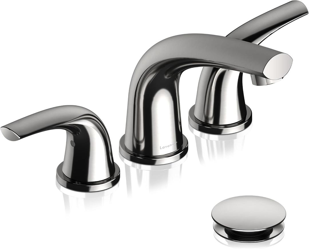Solid Brass Brushed Nickel Bathroom Faucet Widespread 8-inch Faucets with Pop Up Drain Assembly and 2 Water Supply Lines Faucets