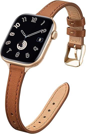 STIROLL Slim Leather Bands Compatible with Apple Watch Band 38mm 40mm 41mm 42mm(Series 10), Top Grain Leather Watch Thin Wristband for iWatch Ultra SE Series 10(Brown with Gold)