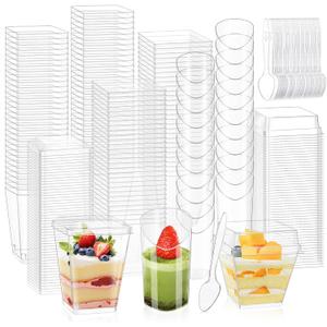 300 Packs 5oz Dessert Cups with Lids and Spoons, Clear Parfait Cups for Parties, Mini Plastic Dessert Cups Appetizer Cups, Square Dessert Shooter Cups for Fruit Chocolate Pudding and Ice Cream