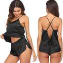 Ekouaer Silk Pajamas Set for Women Satin Backless Lingerie Pjs Cami Top and Shorts Nightwear (Large, Black)
