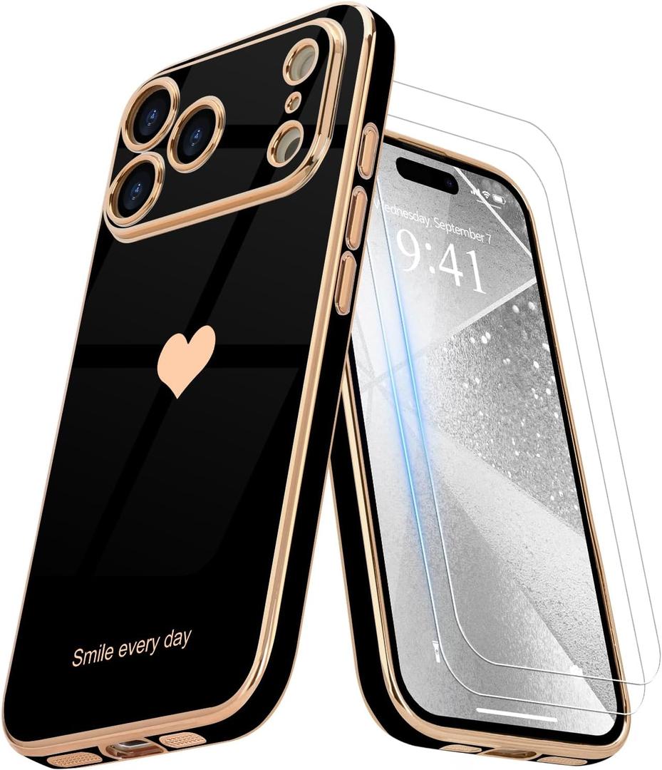Teageo for iPhone 17 Pro Case with Screen Protector [2 Pack] Girl Women Cute Girly Love-Heart Luxury Gold Soft Cover Camera Protection Shockproof Phone Case for iPhone 17 Pro, Black