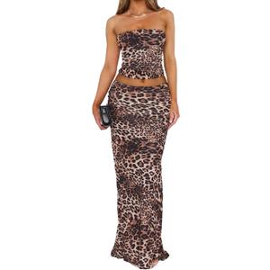 Goafuliy 2 Piece Skirt Sets for Women Summer, Floral Sleeveless Tube Top Bodycon Maxi Skirts Y2k Vacation Going Out Outfits (Brown, M)
