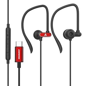 USB C Headphones with Microphone Wired USB C Earphones for Sports and Running Type C Earbuds Hooks Volume Control, Compatible with iPhone 16/ 15, Samsung, Google and Other Type C Smart Phone, Red