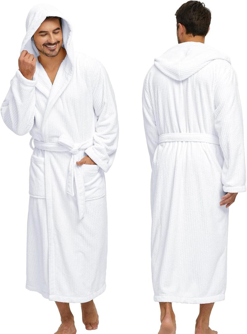 Men's Bathrobes with Hood, Soft Long Towel Robe for Men - Super Absorbent Quick Dry yet Warm (XX-Large-3X-Large, White)