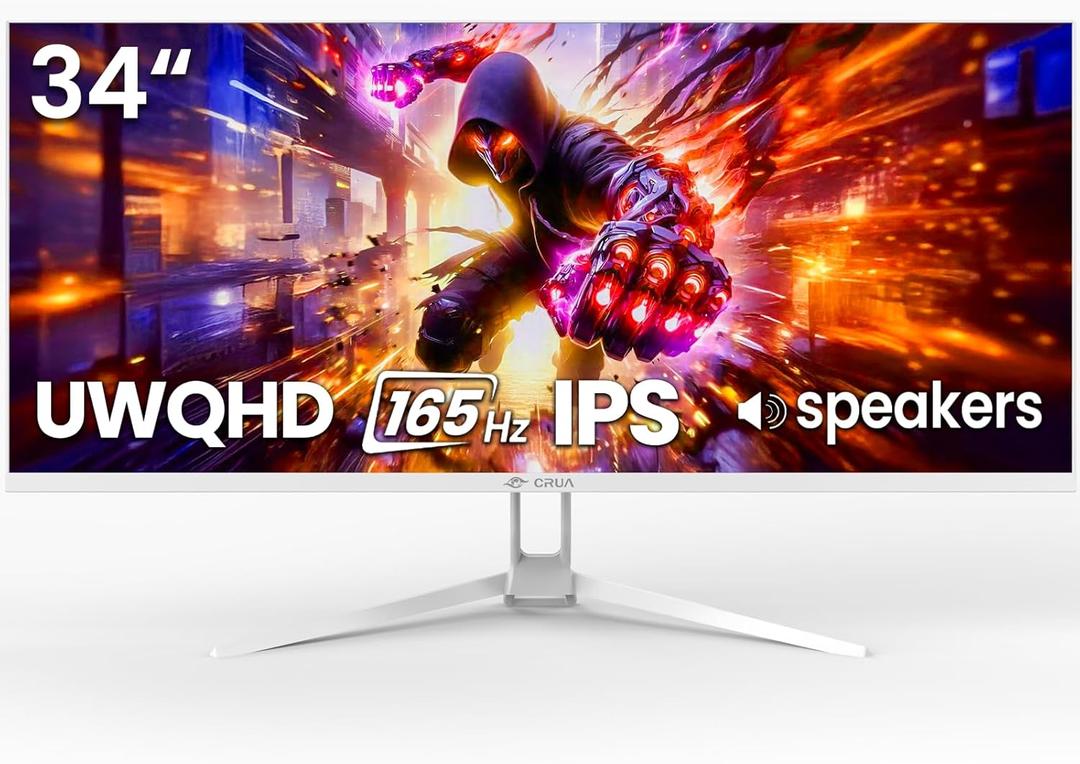 CRUA 34'' White Gaming Monitor, 165HZ/144HZ, WQHD(3440x1440P) IPS UltraWide Screen Computer Monitors with Built-in Speakers, Supports FreeSync, 120% sRGB, HDMI 2.0 & DP 1.4, Wall Mountable Installs