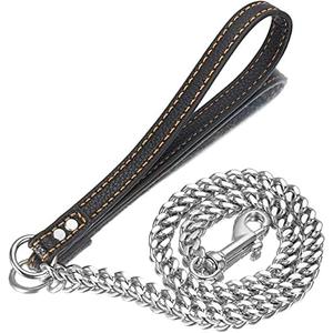 Strong Gold/Silver Dog Chain Leash 3FT 4FT 5FT Stainless Steel 12mm Curb Cuban Link Dog Leash Training Walking with Comfortable Genuine Leather Handle for Large, Medium Small Dogs (Silver, 4FT) Strong Gold/Silver Dog Chain Leash 3FT 4FT 5FT Stainless Steel 12mm Curb Cuban Link Dog Leash Training Walking with Comfortable Genuine Leather Handle for Large, Medium Small Dogs (Silver, 4FT)