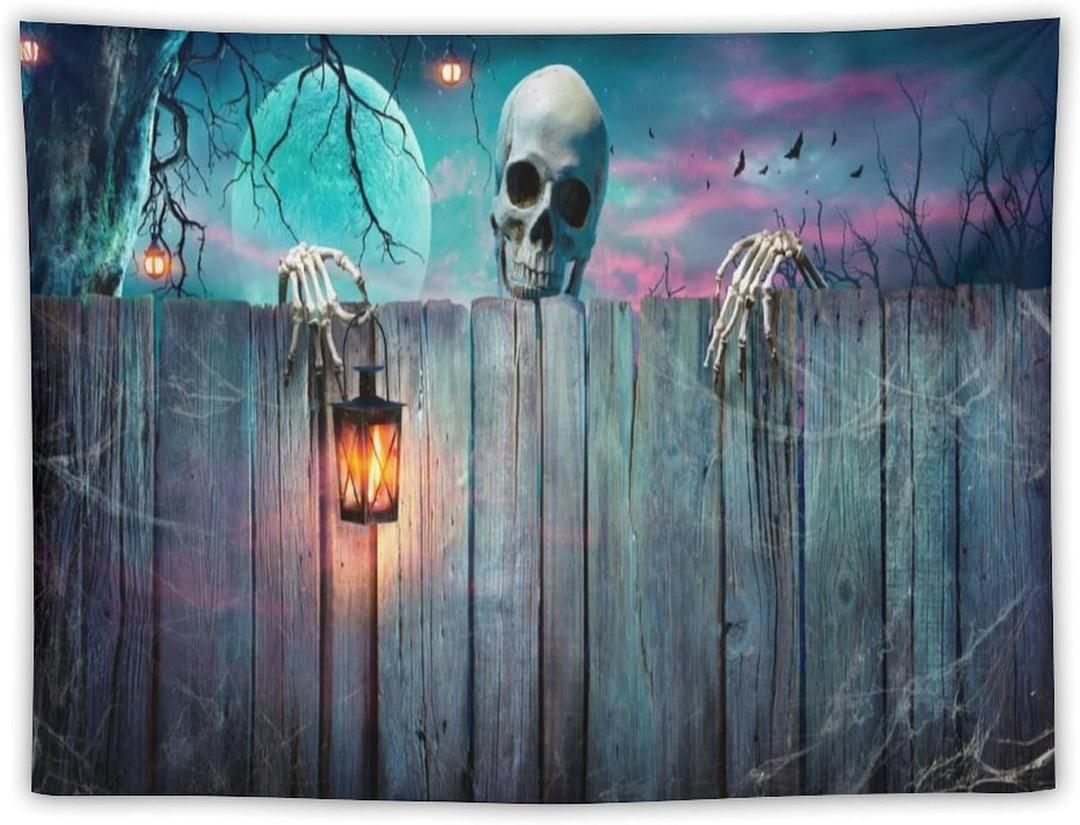 VUMIVI Halloween Ghost Tapestry Skeleton Lantern Old Wooden Planks Spider Webs Ravens Horror Elements Tapestry Wall Hanging for Living Room Bedroom Dorm Classroom Aesthetic Decor W40xL30in