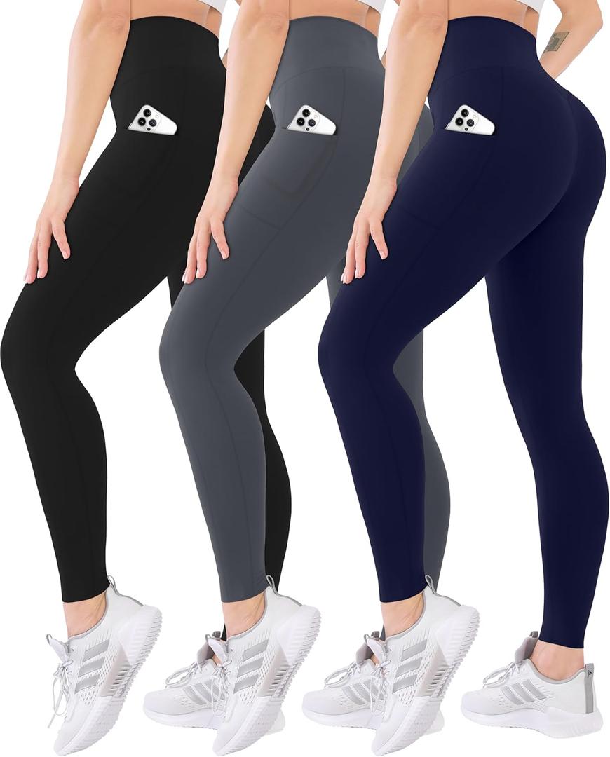Blisset 3 Pack High Waisted Leggings for Women with Pockets Soft Active Tummy Control Pants for Yoga Running & Daily Wear (Small-Medium, 012-black/Gray/Navy Blue)