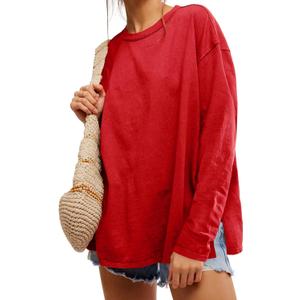 Women's Oversized Long Sleeve Shirts Crew Neck Casual Tops Loose Fit Side Slit Fall Tees (Red, S)