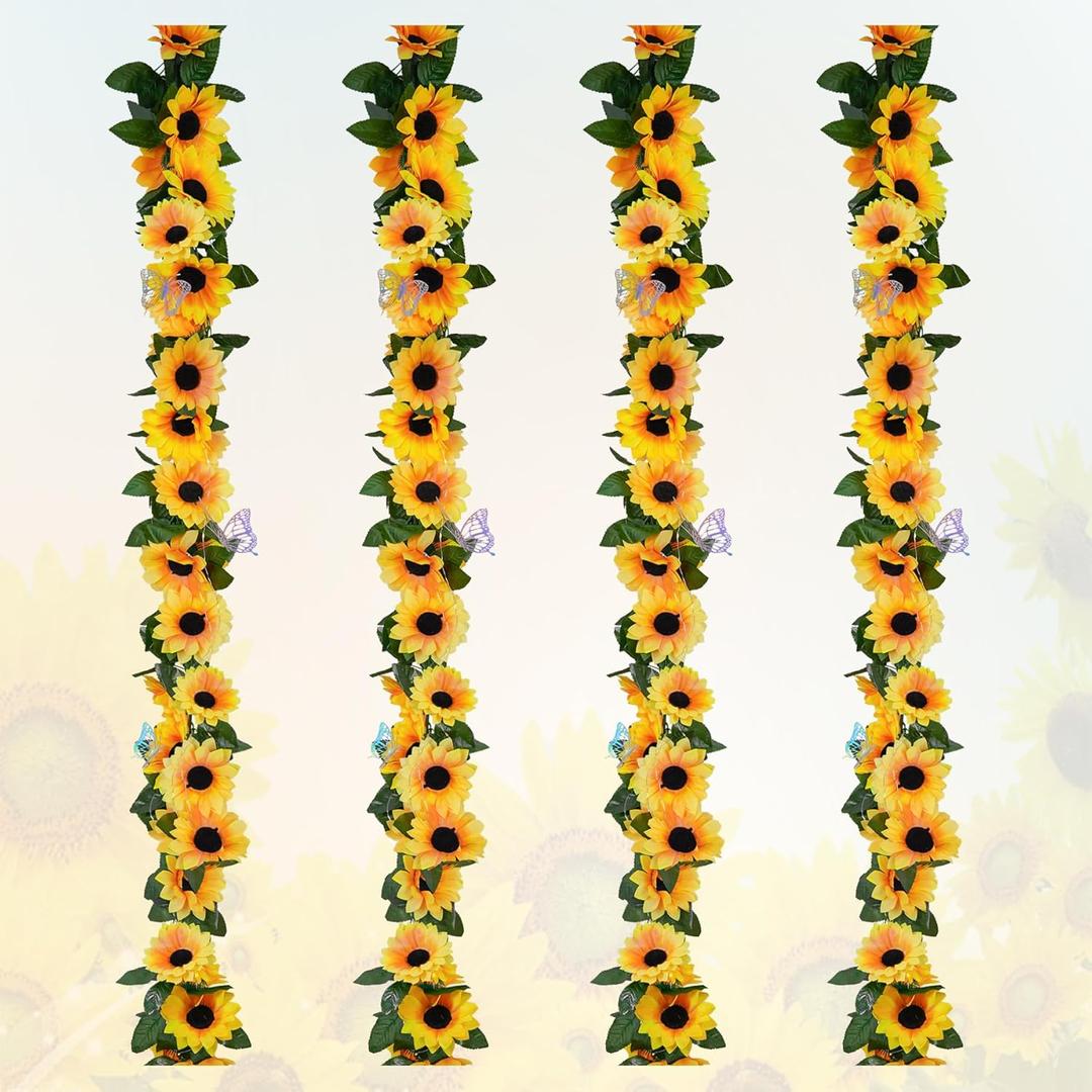 4 Pack Sunflower Garland Fall Decor, 7.5ft Silk Artificial Sunflower Outdoor Hanging Vines with Green Leaves Garland for Garden Party Table Centerpieces Wedding Decorations