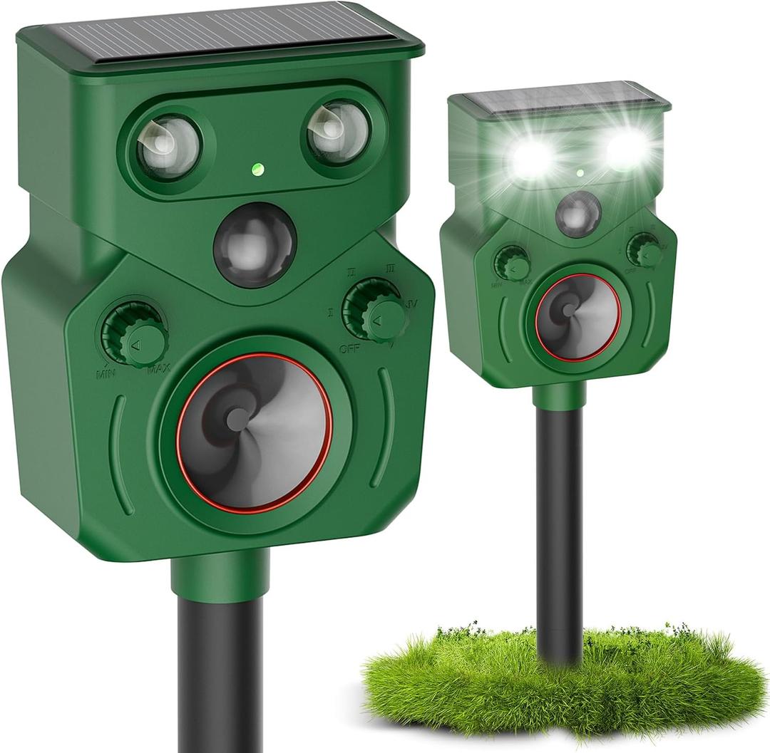 2 Packs Ultrasonic Animal Repeller Solar Powered, Cat Repellent Outdoor with Motion Sensor, Waterproof Deer Repellent Devices with LED Flash Light, Effective Repel Invasive Animals to Protect Yard (Black)