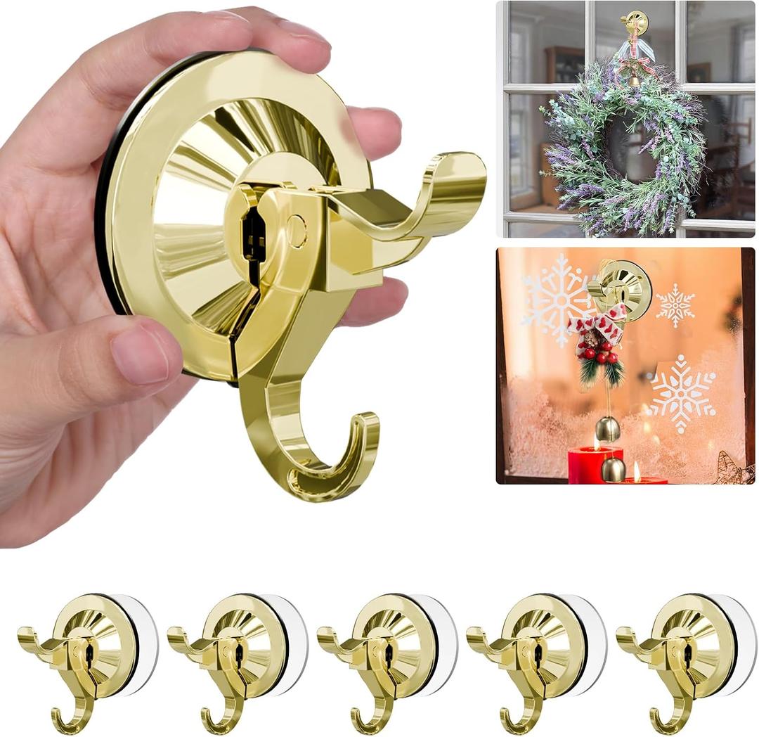 Antimbee Suction Cup Hooks, 5 Pack Suction Cup Hanger, Removable Large Suction Cup with Ultra-Thin Adhesive Disc for Smooth/Uneven Surfaces,Wreath Hangers Max Hanging up to 11 lbs (Gold)
