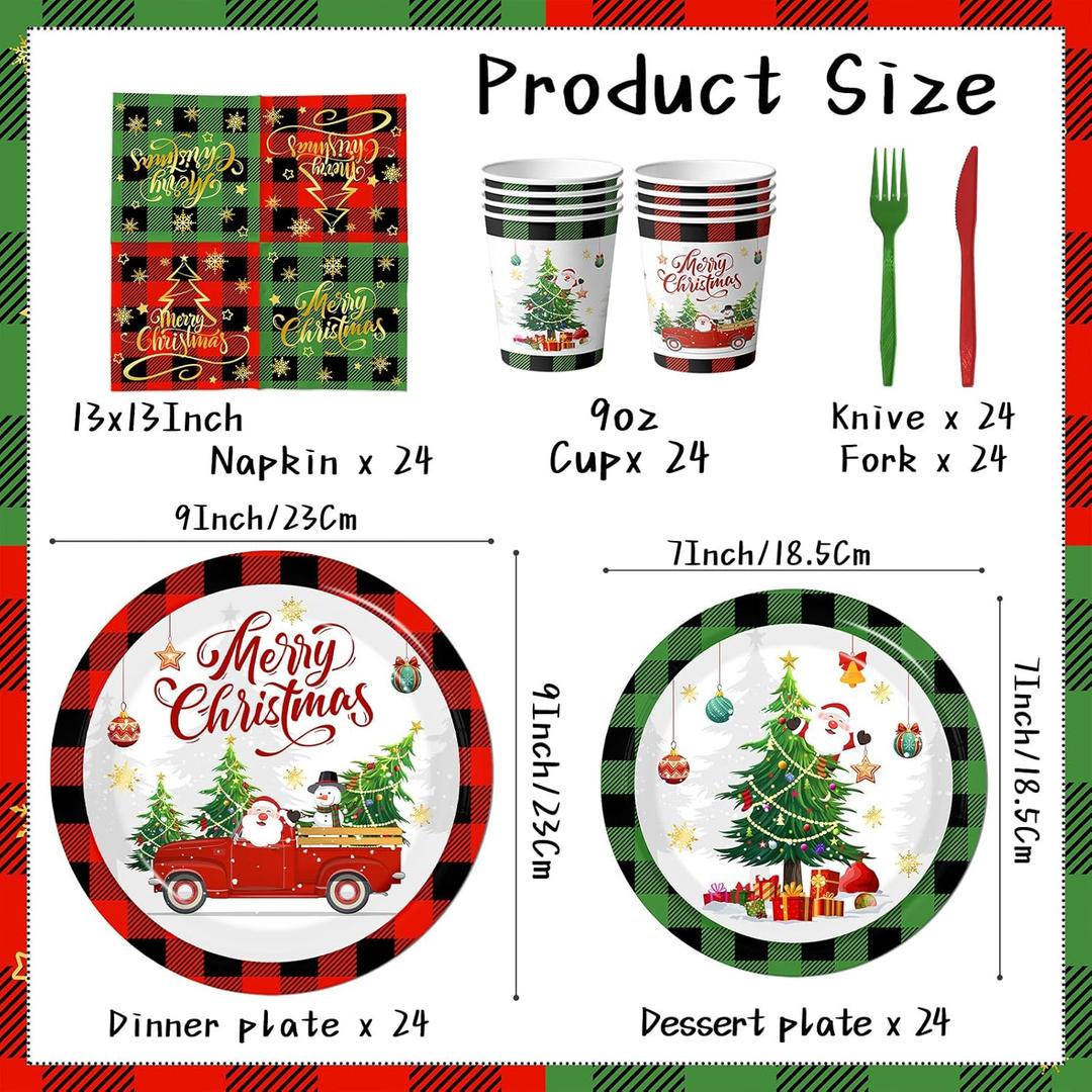 Christmas Paper Plates and Napkins,Red Green Buffalo Plaid Christmas Paper Dinnerware Xmas Tree Santa Claus Plates and Napkin Cups for Winter Themed Xmas Holiday Supplies