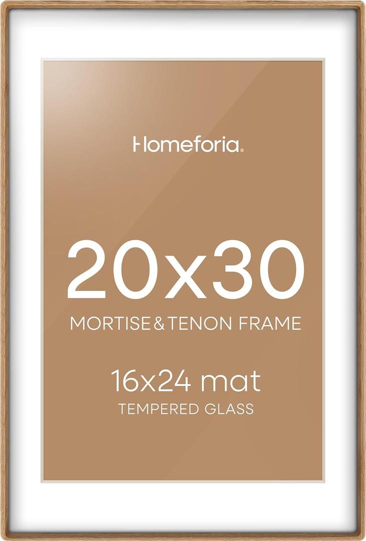 Homeforia 20 x 30 Natural Wood Frame, Mortise & Tenon Light Oak 20x30 Picture Frames with Mat 16x24 for Wall, 30 x 20 Solid Wooden Frame Matted to 16 x 24 inch Photo, Tempered Glass, Wall Kit, Set of 1