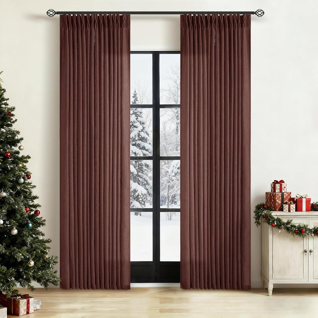 Chestnut Brown 84 Inch Pinch Pleated Linen Curtains 2 Panel Set for Living Room Thick Linen Textured Drapes 84 Inches Long Pinch Pleat Drapes Semi Sheer Curtain for Dining Bedroom Office Rust Maroon