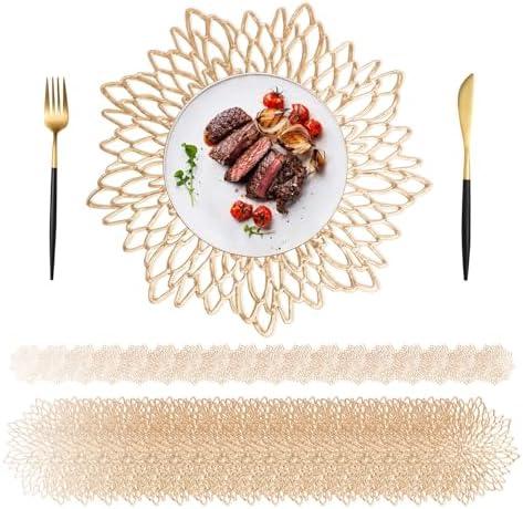 G-Lanthy 24 Pack Gold Placemats & Coasters, 15 inch Gold Vinyl Placemats, Round BulksTable Mats, Round Leaf Design Chargers Dining Table Settings for Christmas,Thanksgiving,Wedding Table Decoration, Coasters (Set of 8)