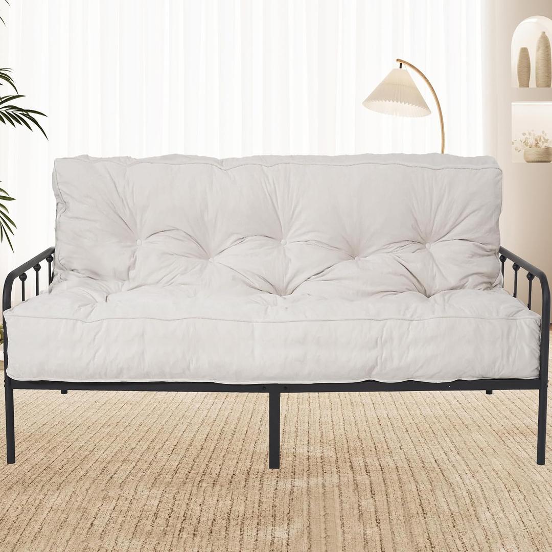8” Full Size Futon Mattress Sofa Bed, Extra Thick Foldable Floor Mattress, Shredded Foam Filling for Adults/Teens/Pets with No Assembly Needed - Beige(Frame Not Included)