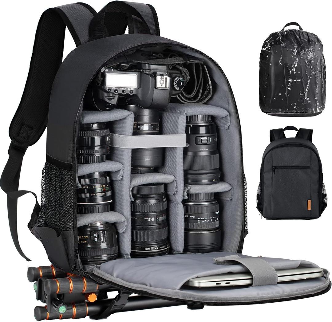 TARION Camera Backpack Bag Small - Professional DSLR Photography Case with 13 inch Laptop Compartment & Waterproof Rain Cover & Bottom Tripod Holder for Men Women Photographers - Black TB-S